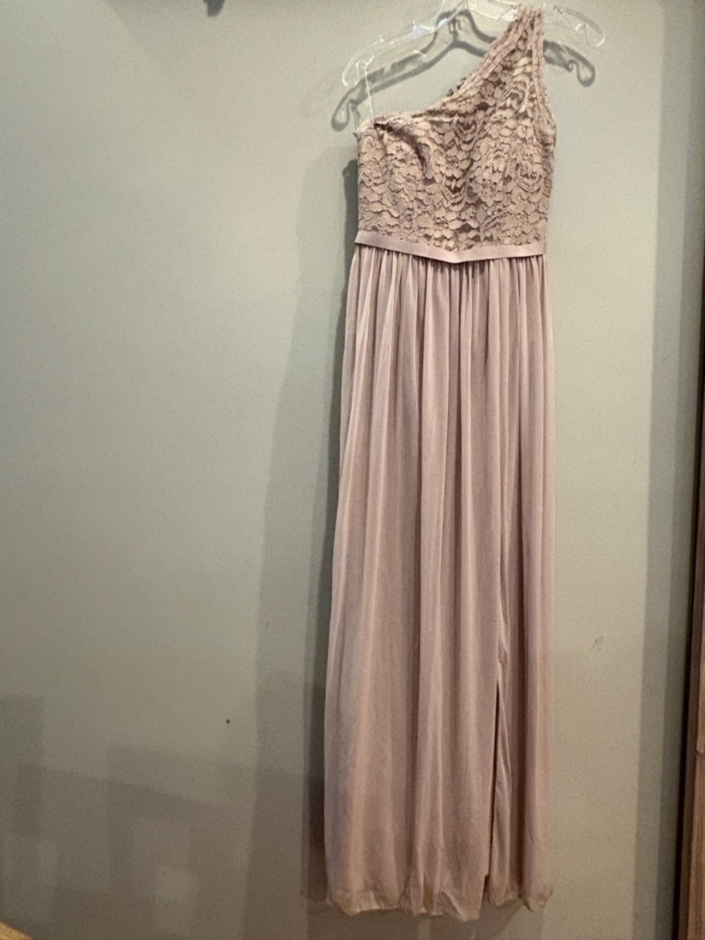 David's Bridal One-Shoulder Lace Bodice Chiffon Gown in Blush